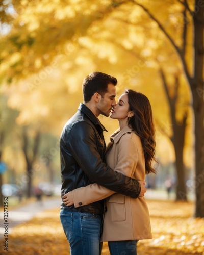 A man and woman are about to kiss in a park with yellow trees.