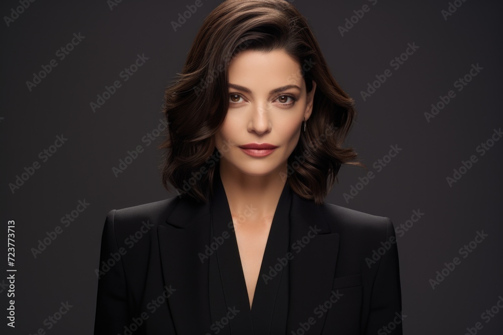 Photo of a beautiful woman with wavy hair, wearing a simple blouse, eye contact, dark background Photo of a beautiful woman with wavy hair, wearing a simple blouse, eye contact, dark background