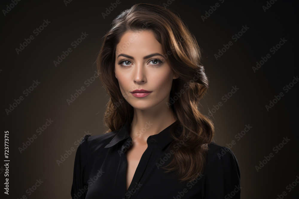 Photo of a beautiful woman with wavy hair, wearing a simple blouse, eye contact, dark background
