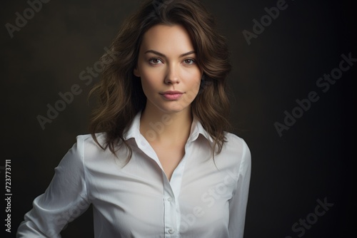 Photo of a beautiful woman with wavy hair, wearing a simple blouse, eye contact, dark background