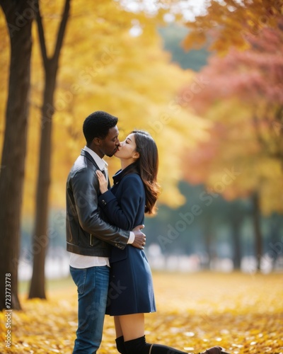 Two young people, a girl and a man kissing in an autumn park against the background of yellow trees