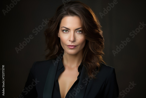 Photo of a business 50 year old woman, wearing a simple blouse, eye contact, dark background