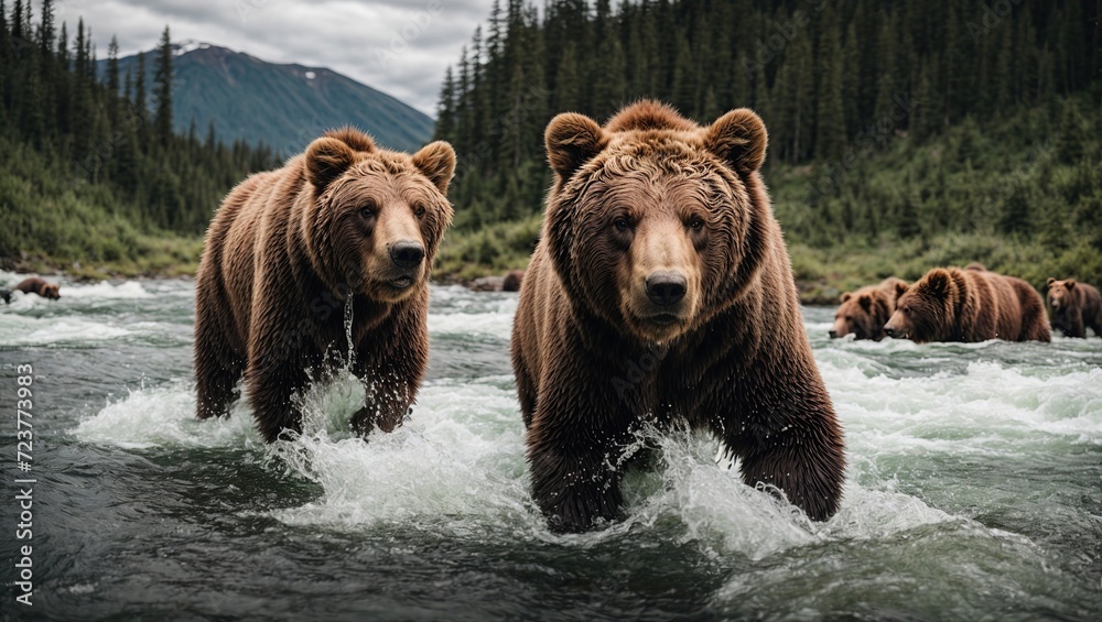 Alaskan brown bears fishing in river Alaskan brown bears fishing in river