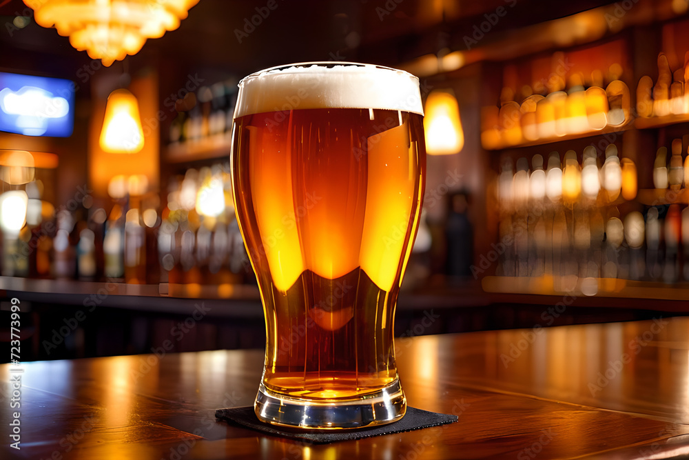 A glass of amber beer stands on the bar. A glass of amber beer stands on the bar.