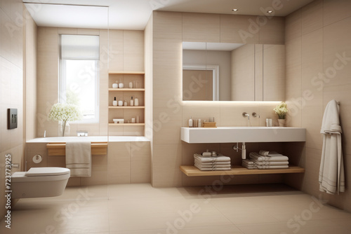 Ecru color  spacious minimal design luxury decor bathroom interior