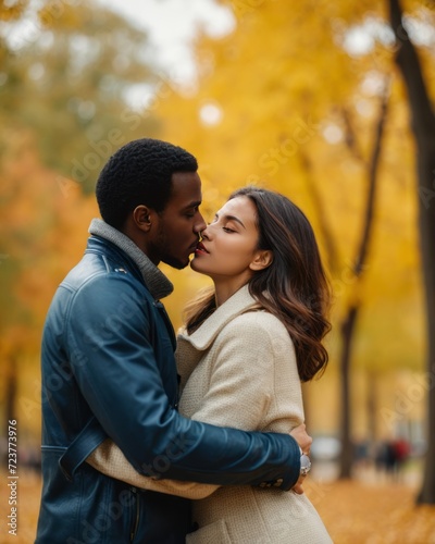A man and woman are about to kiss in a park with yellow trees.
