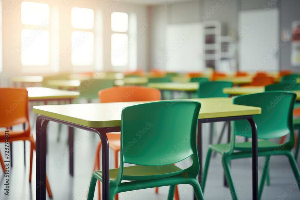 Empty classroom with colorful desks and chairs, back to school concept. Generative ai