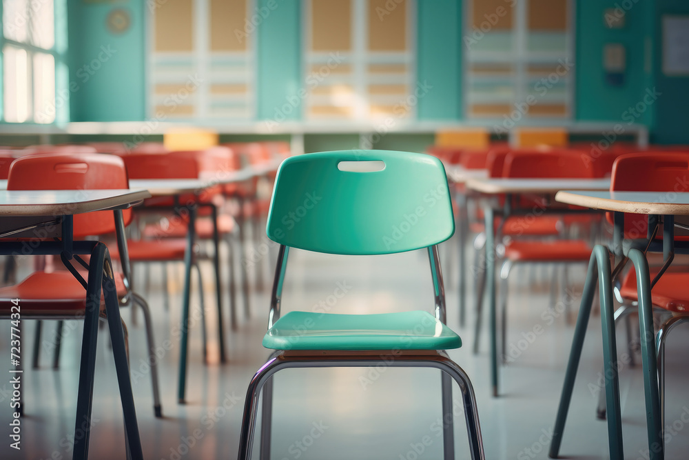 Empty classroom with tables and chairs in orange, back to school concept. Generative ai Empty classroom with tables and chairs in orange, back to school concept. Generative ai