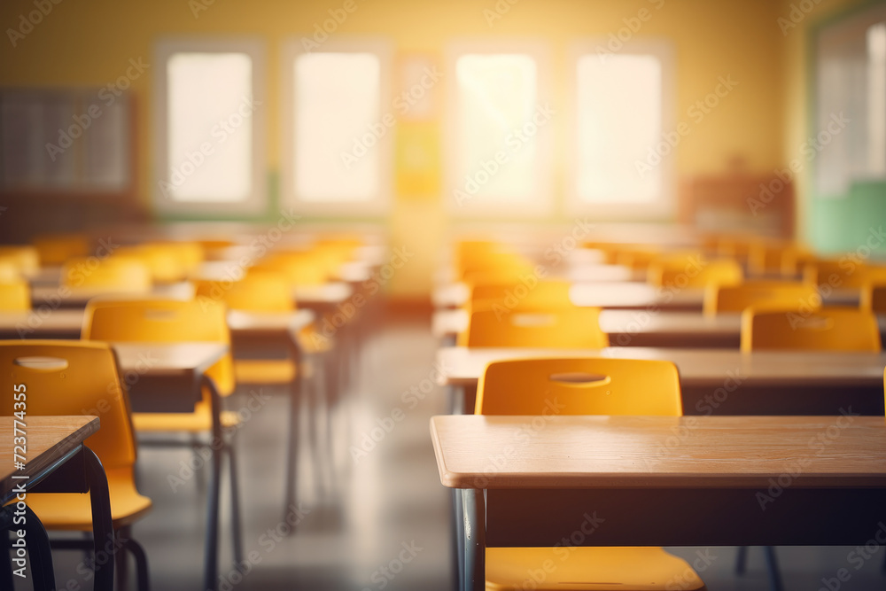 Empty classroom with yellow chairs, back to school. Generative ai