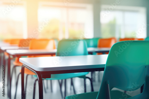 Empty classroom with no students on blurry background  back to school concept. Generative ai
