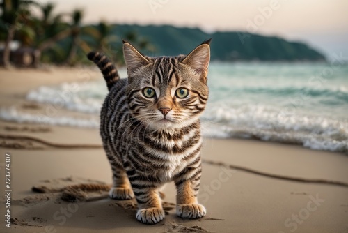 American shorthair kitten or cat with a startled expression and large, amusing eyes on a beach with water 