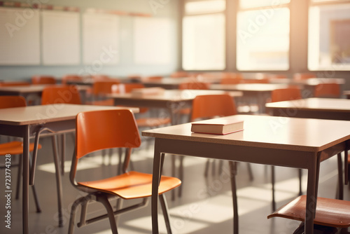 Empty classroom with orange chairs  back to school. Generative ai