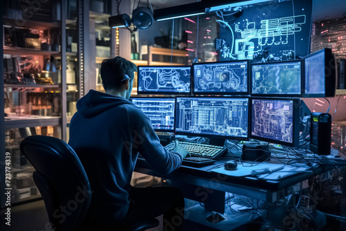 Man engineer works on neural network algorithm on computers set in lab. Man navigates artificial intelligence to optimize decision-making capabilities