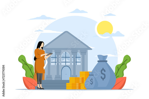 Public financial audit concept. Coins and banknotes lying near government finance department or tax office column building. Flat vector illustration on white background.