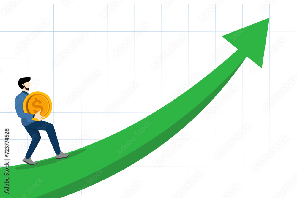 Concept of Increase in sales, growth of salary or income, concept of financial prosperity, investment growth or income and profit increase, strong businessman investor carrying gold coin money chart. Concept of Increase in sales, growth of salary or income, concept of financial prosperity, investment growth or income and profit increase, strong businessman investor carrying gold coin money chart.
