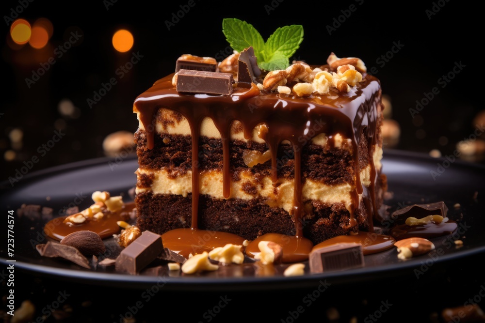 Professional photo of chocolate cheeseckake with caramel and hazelnuts