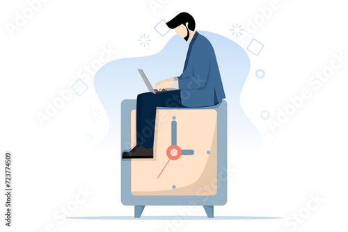 After hours worker concept, confident businessman using laptop computer sitting in evening working hours with his colleagues in another country, working overtime or different working time concept.