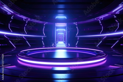 Empty product placement podium area with spaceship concept futuristic neon lights