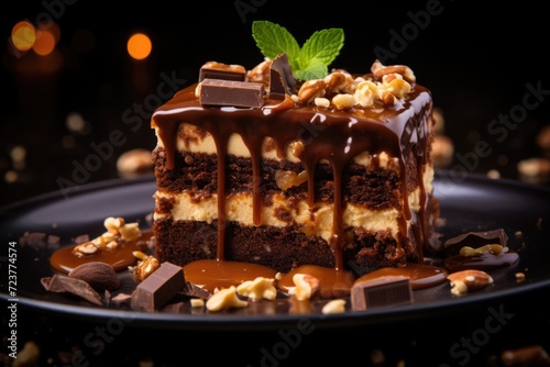 Professional photo of chocolate cheeseckake with caramel and hazelnuts
