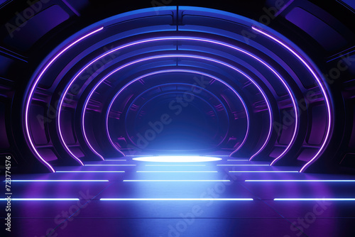 Empty product placement podium area with spaceship concept futuristic neon lights