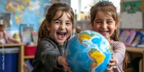 Joyful children embracing a globe in a sunny classroom. childhood learning experience. educational environment. smiling faces. AI