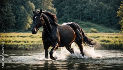 beautiful black horse playing on the lake with splash water 