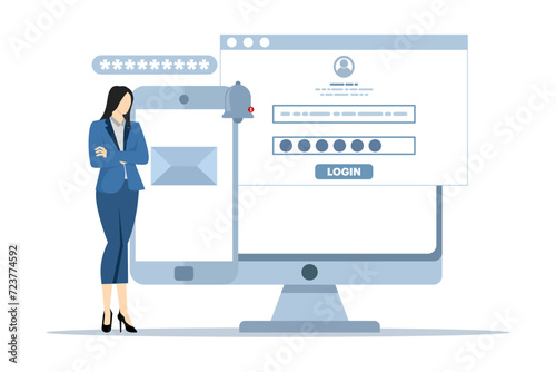 two-step security concept, Character uses two-step verification to protect personal data. User authorization, login authentication and information protection. Flat cartoon vector illustration.