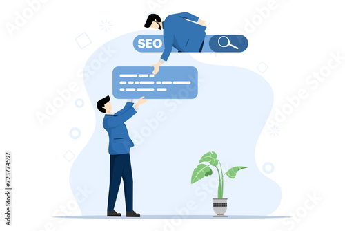 SEO concept, businessman helps optimize website URL to search bar ranking 1, search engine optimization to help website achieve top ranking, website promotion or communication concept.