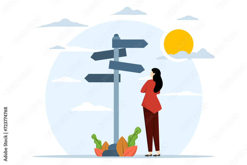 Concept of business decision making, career path, businesswoman confusion looking at various road signs with question marks and thinking about where to go, concept of choosing the right way for succes