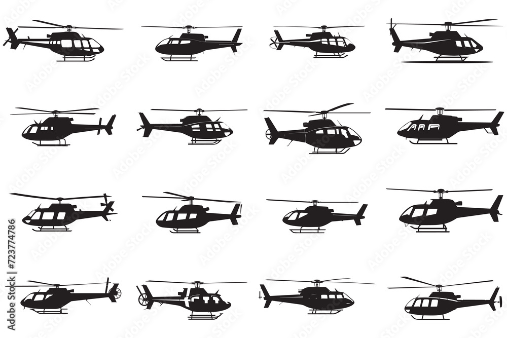 Black isolated silhouette of helicopter on white background.
