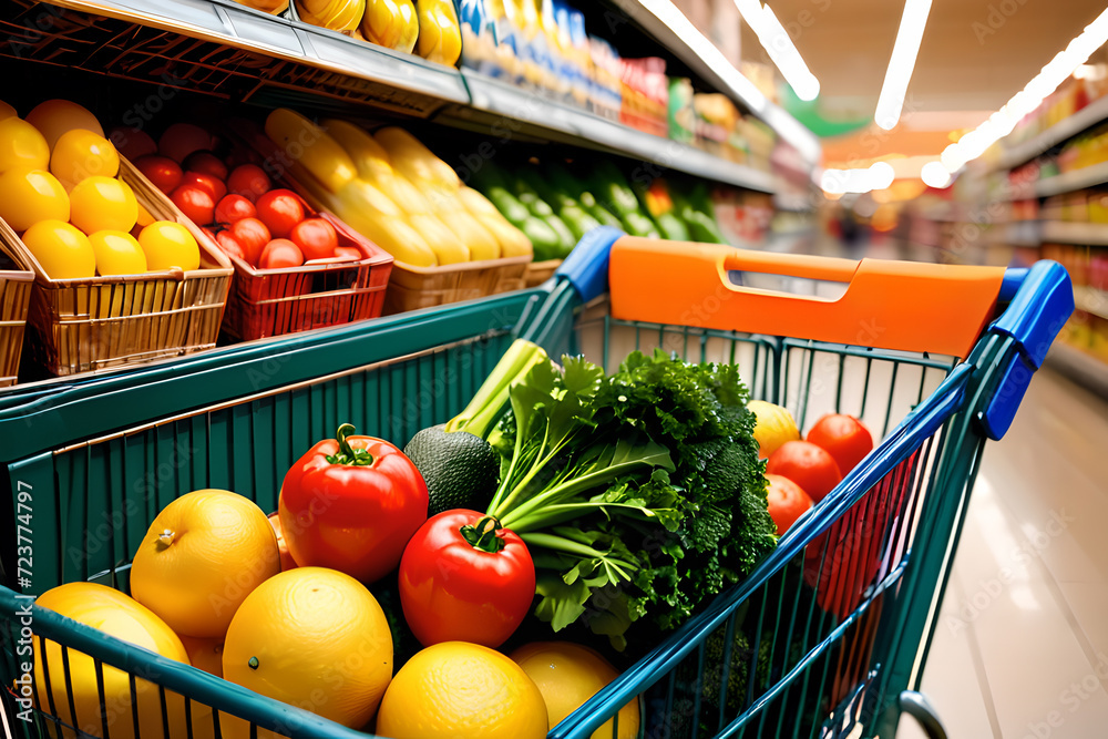 A shopping cart full of groceries.