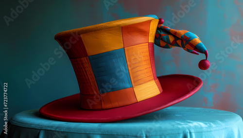 A vibrant hat adds a pop of color to an otherwise muted room, resting upon a table next to a wall adorned with a solitary chair photo
