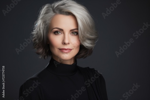 Photo of a beautiful woman with wavy hair, wearing a simple blouse, eye contact, dark background