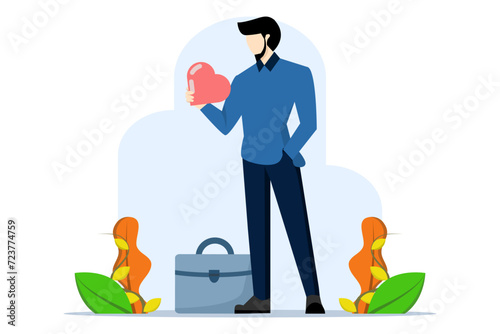 Work passion to motivate and inspire employees to achieve career success, happy businessman holding excited heart shape walking to work, loving your job or happy and enjoying dream job concept.