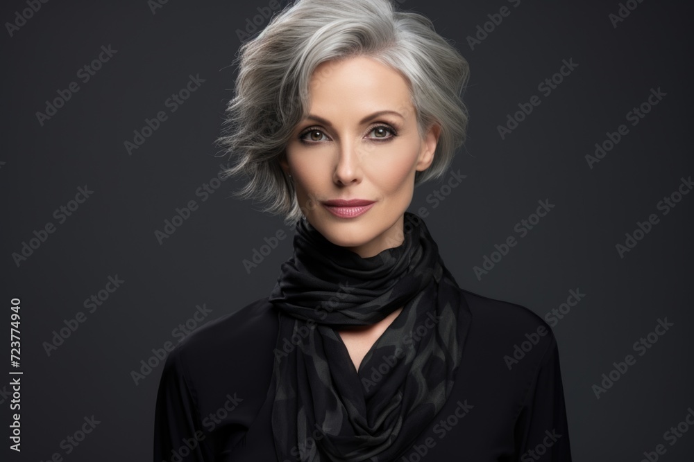 Photo of a business 50 year old woman, wearing a simple blouse, eye contact, dark background Photo of a business 50 year old woman, wearing a simple blouse, eye contact, dark background