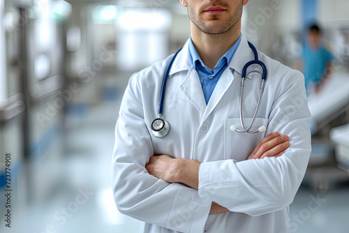 Portrait of confident mature doctor standing in Hospital corridor. Handsome doctor wearing white coat, stethoscope around neck standing in modern private clinic.