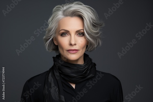 Photo of a business 50 year old woman, wearing a simple blouse, eye contact, dark background