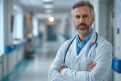 Portrait of confident mature doctor standing in Hospital corridor. Handsome doctor wearing white coat, stethoscope around neck standing in modern private clinic. photo
