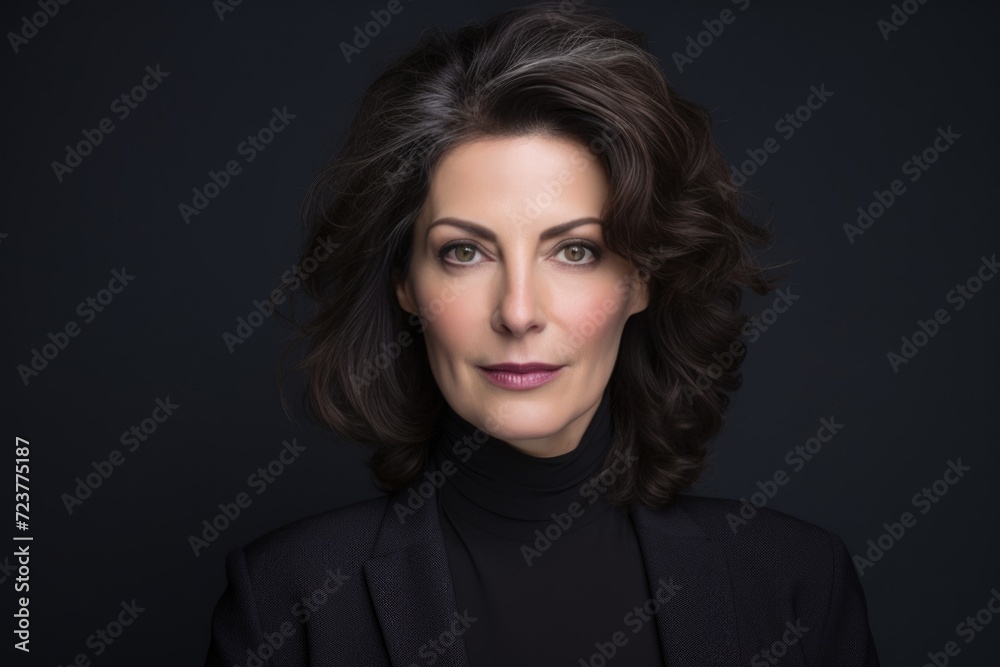 Photo of a beautiful woman with wavy hair, wearing a simple blouse, eye contact, dark background Photo of a beautiful woman with wavy hair, wearing a simple blouse, eye contact, dark background