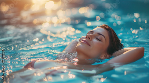Woman relaxing in the pool. 