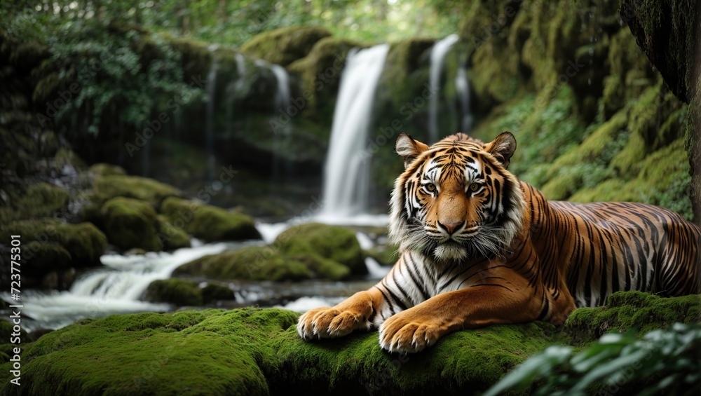 Fototapeta premium Bengal tiger resting Near the waterfall with green moss from inside the jungle zoo