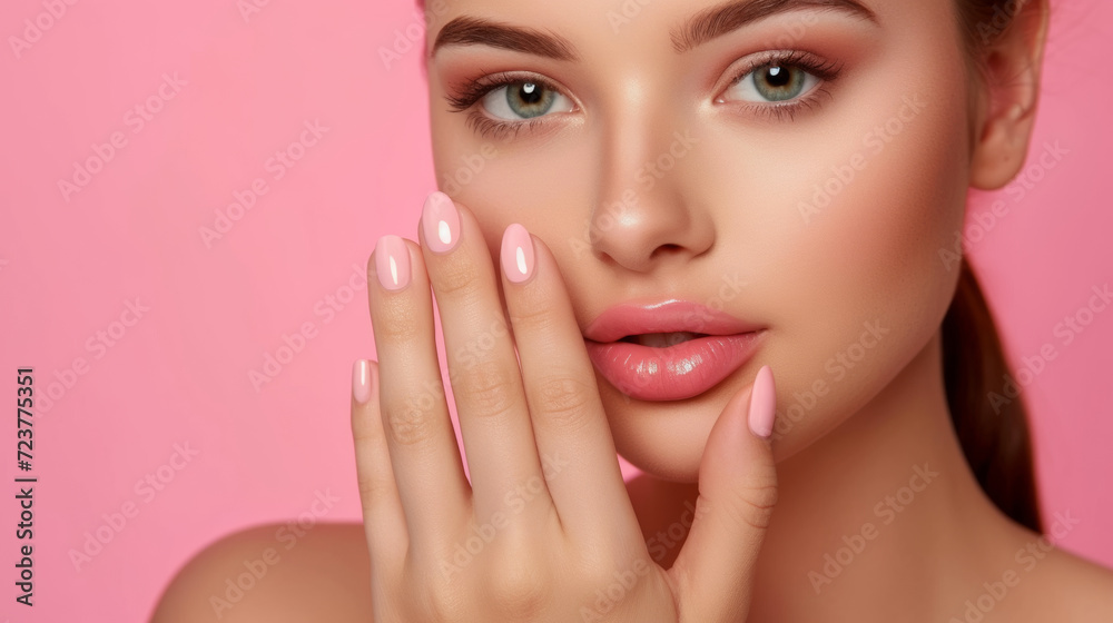 Close-up of a young woman's face featuring impeccable makeup and a glossy pink manicure against a pink background, Flawless Makeup with Perfect Pink Manicure