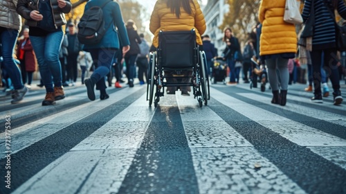 Handicapped or old woman in a wheelchair crossing the pedestrian lane amidst a bustling city background Quality of life and impairment concept.