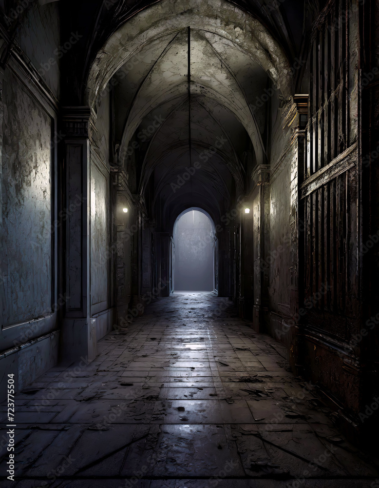 Fototapeta premium Creepy hallway in dark old building Generated image