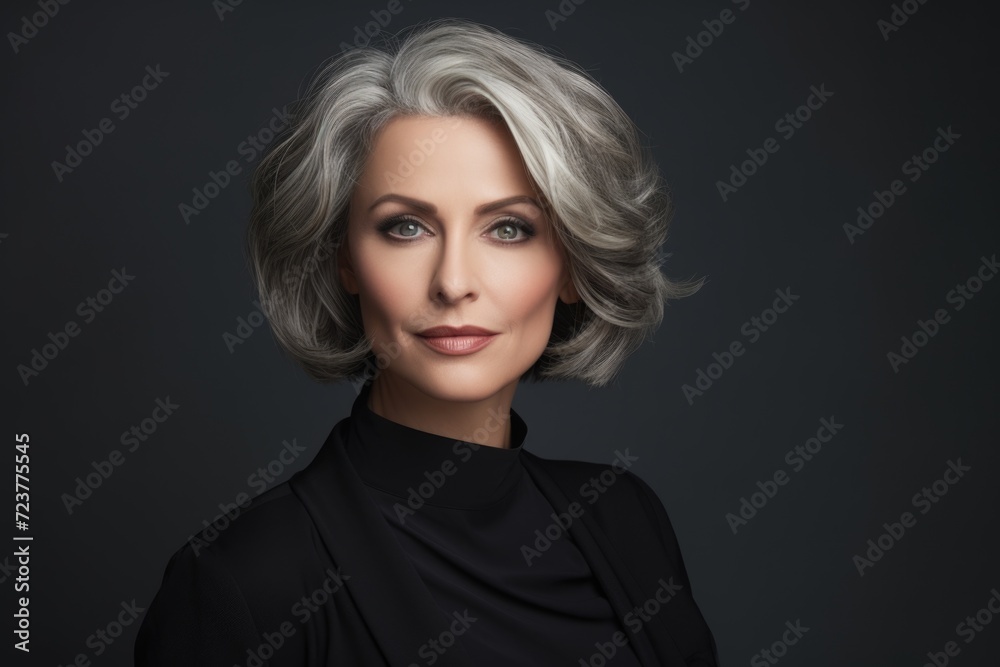 Photo of a business 50 year old woman, wearing a simple blouse, eye contact, dark background Photo of a business 50 year old woman, wearing a simple blouse, eye contact, dark background