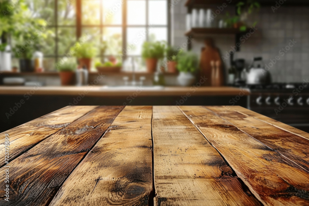 Kitchen Counter Backgorund Selective focus.Wood table top on blur kitchen counter background.For ...