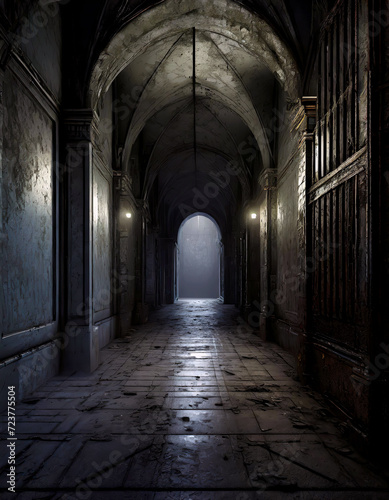 Creepy hallway in dark old building Generated image © Melvillian
