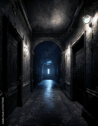 Creepy hallway in dark old building Generated image © Melvillian