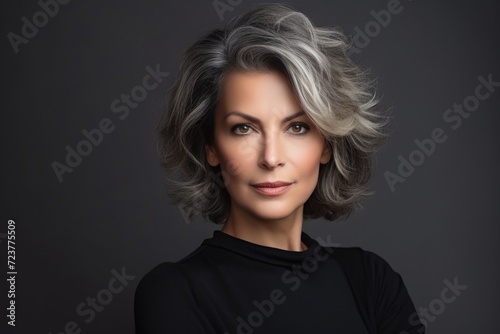 Photo of a business 50 year old woman, wearing a simple blouse, eye contact, dark background