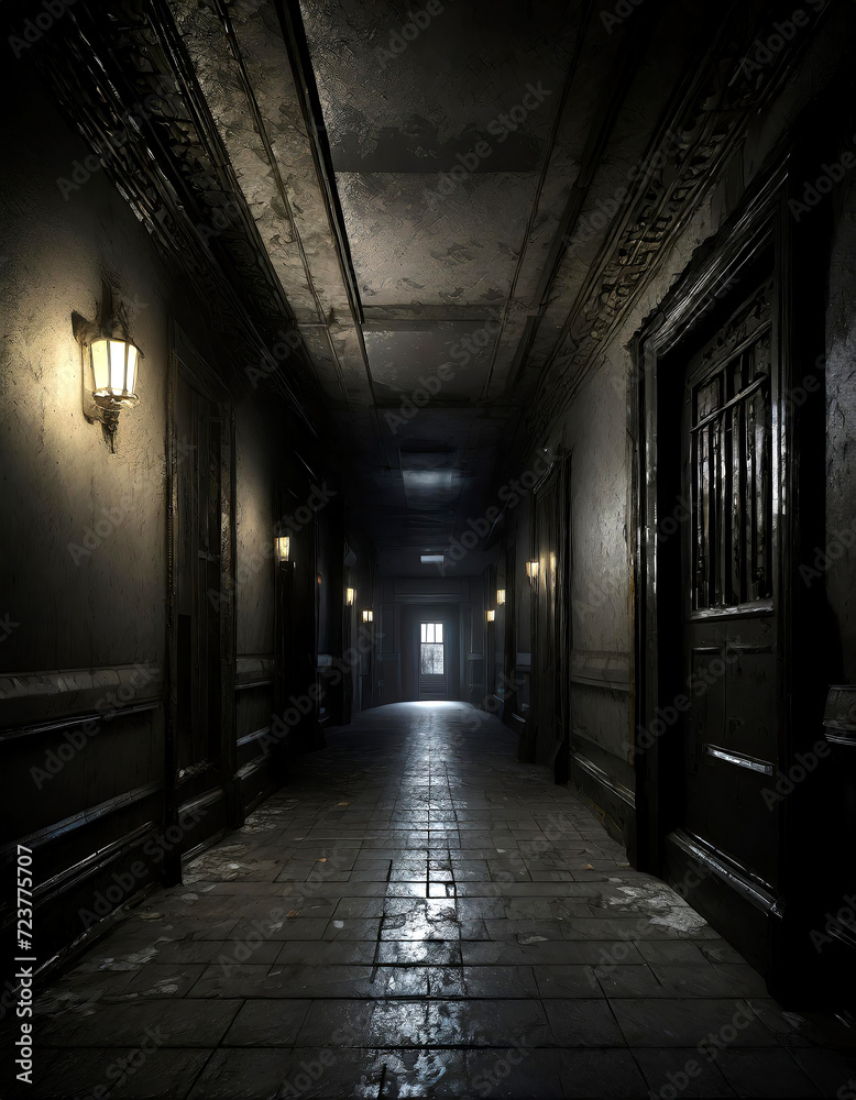 Creepy hallway in dark old building Generated image